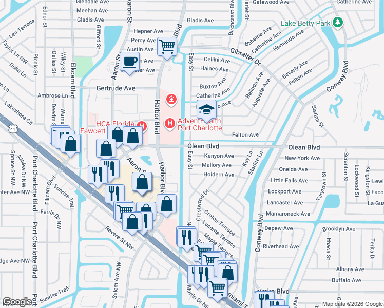 map of restaurants, bars, coffee shops, grocery stores, and more near 21442 Olean Boulevard in Port Charlotte