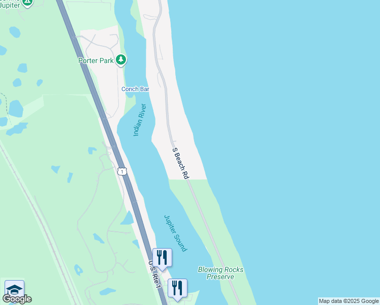 map of restaurants, bars, coffee shops, grocery stores, and more near 521 South Beach Road in Hobe Sound