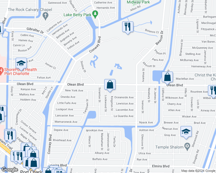 map of restaurants, bars, coffee shops, grocery stores, and more near 22338 Olean Boulevard in Port Charlotte