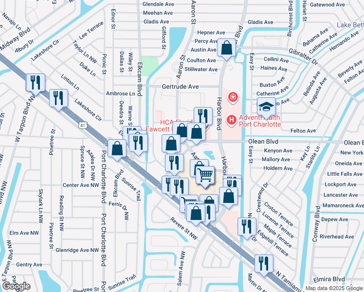 map of restaurants, bars, coffee shops, grocery stores, and more near 21260 Olean Boulevard in Port Charlotte