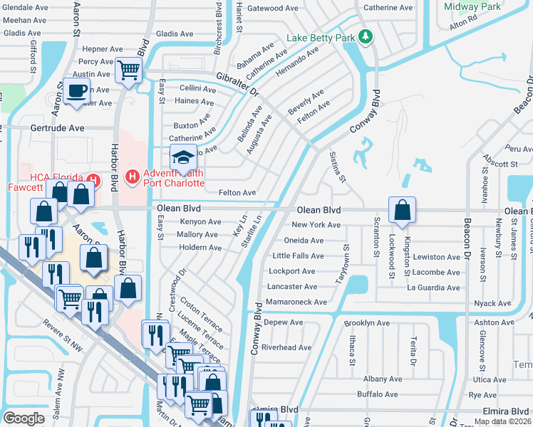 map of restaurants, bars, coffee shops, grocery stores, and more near 22104 Olean Boulevard in Port Charlotte