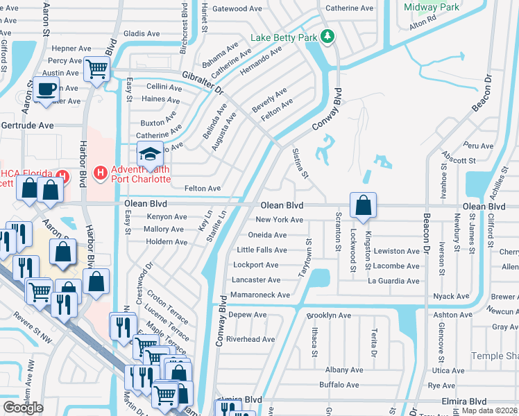 map of restaurants, bars, coffee shops, grocery stores, and more near 2614 Conway Boulevard in Port Charlotte