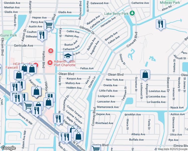 map of restaurants, bars, coffee shops, grocery stores, and more near 22104 Olean Boulevard in Port Charlotte