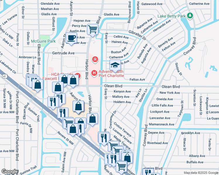 map of restaurants, bars, coffee shops, grocery stores, and more near 21443 Olean Boulevard in Port Charlotte