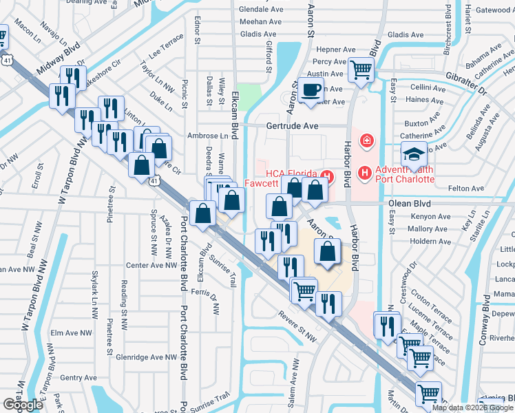 map of restaurants, bars, coffee shops, grocery stores, and more near 3006 Caring Way in Port Charlotte
