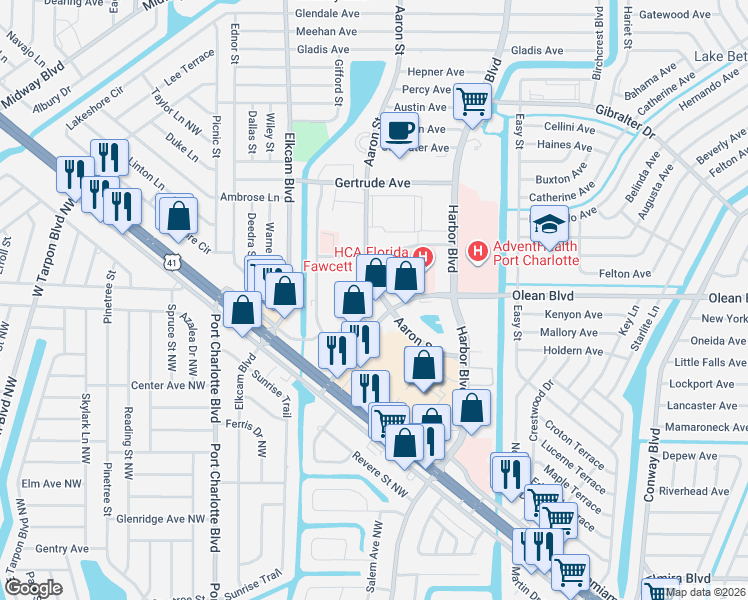 map of restaurants, bars, coffee shops, grocery stores, and more near 21260 Olean Boulevard in Port Charlotte