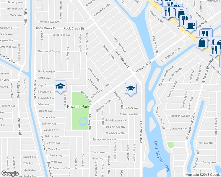 map of restaurants, bars, coffee shops, grocery stores, and more near 19854 Midway Boulevard in Port Charlotte