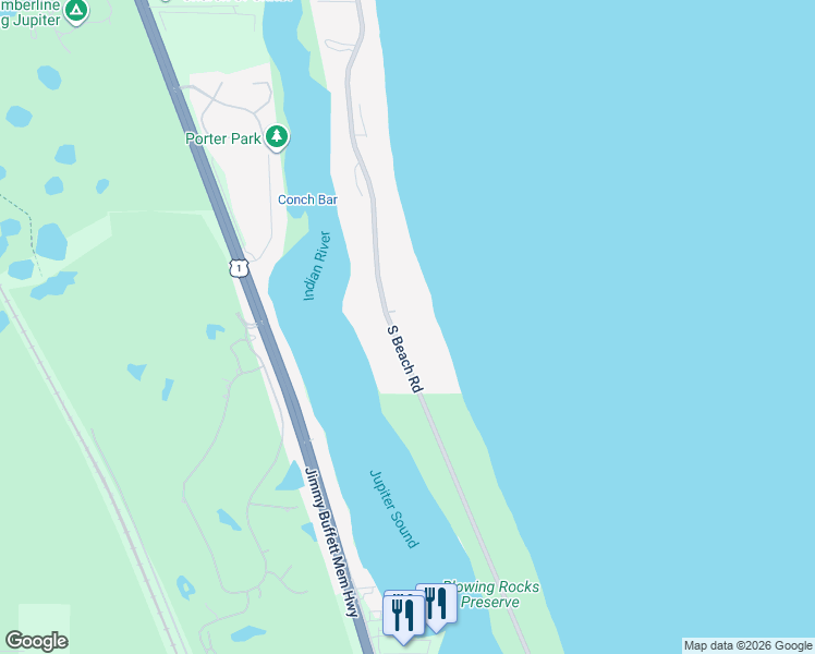 map of restaurants, bars, coffee shops, grocery stores, and more near 519 South Beach Road in Hobe Sound