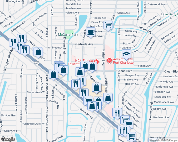 map of restaurants, bars, coffee shops, grocery stores, and more near 21260 Olean Boulevard in Port Charlotte