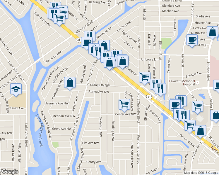 map of restaurants, bars, coffee shops, grocery stores, and more near 345 Orange Drive Northwest in Port Charlotte