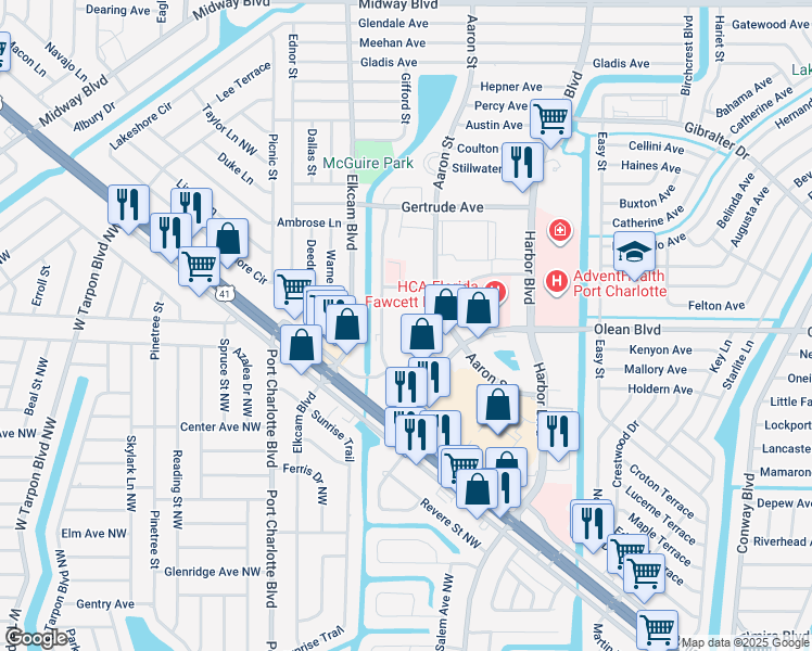 map of restaurants, bars, coffee shops, grocery stores, and more near 2335 Aaron Street in Port Charlotte