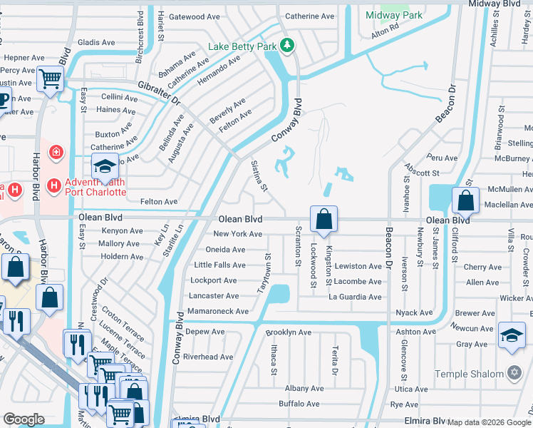 map of restaurants, bars, coffee shops, grocery stores, and more near 22248 Olean Boulevard in Port Charlotte