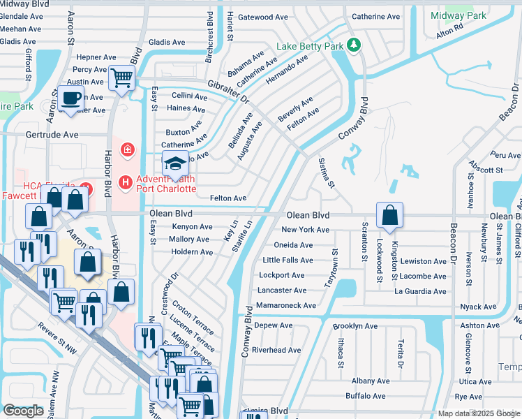 map of restaurants, bars, coffee shops, grocery stores, and more near 22104 Olean Boulevard in Port Charlotte