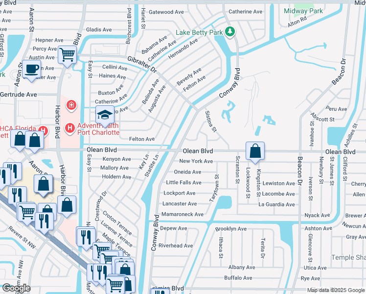 map of restaurants, bars, coffee shops, grocery stores, and more near 2614 Conway Boulevard in Port Charlotte