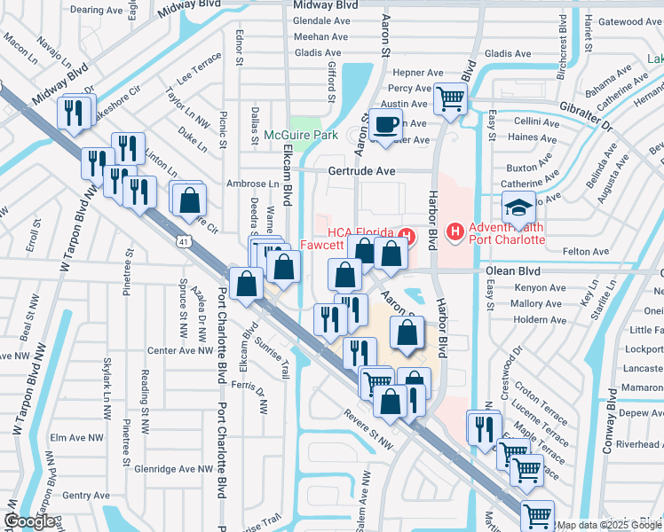 map of restaurants, bars, coffee shops, grocery stores, and more near 2335 Aaron Street in Port Charlotte