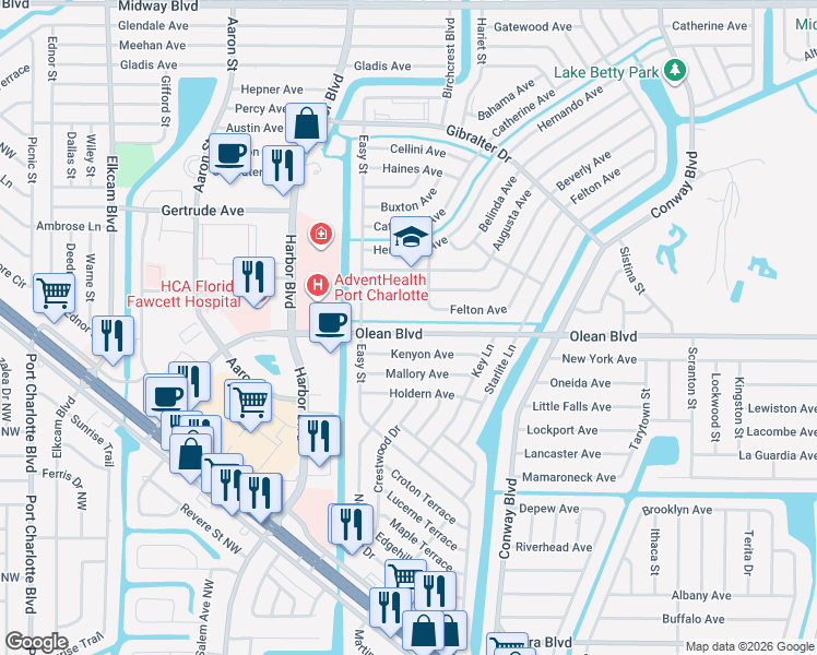 map of restaurants, bars, coffee shops, grocery stores, and more near 21494 Olean Boulevard in Port Charlotte