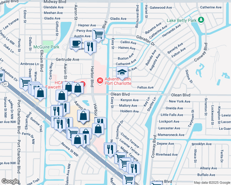 map of restaurants, bars, coffee shops, grocery stores, and more near 21442 Olean Boulevard in Port Charlotte