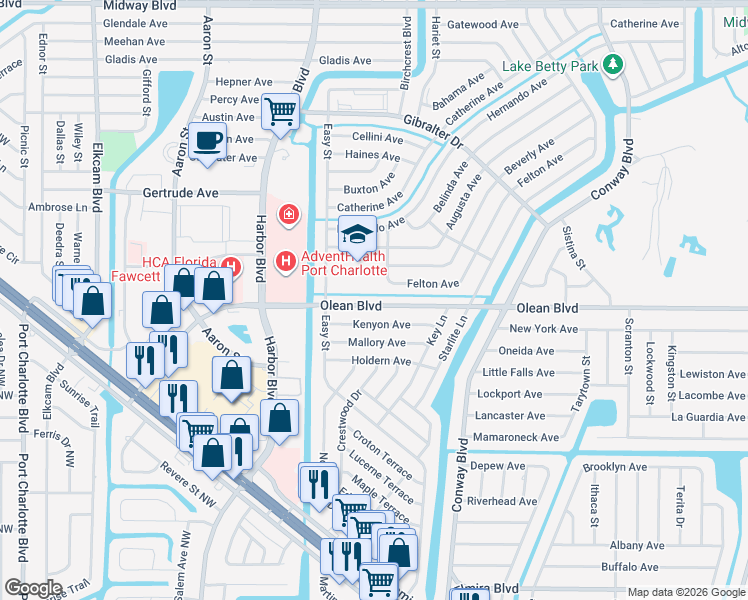 map of restaurants, bars, coffee shops, grocery stores, and more near 21494 Olean Boulevard in Port Charlotte