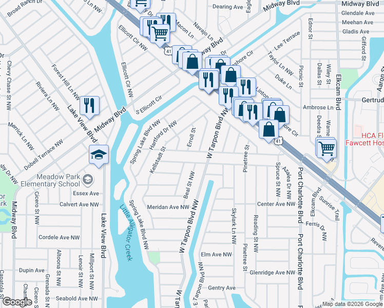 map of restaurants, bars, coffee shops, grocery stores, and more near 501 Orange Drive Northwest in Port Charlotte