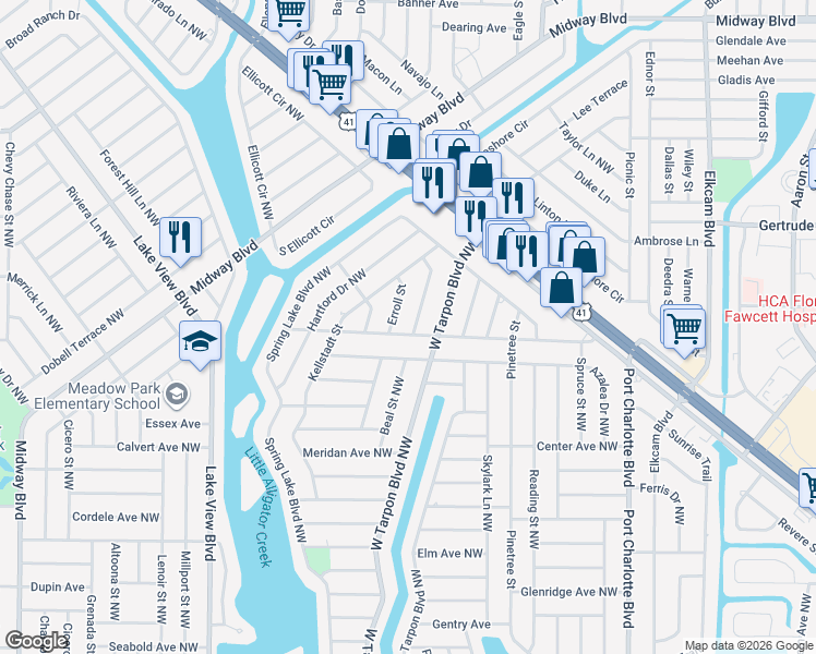 map of restaurants, bars, coffee shops, grocery stores, and more near 501 Orange Drive Northwest in Port Charlotte