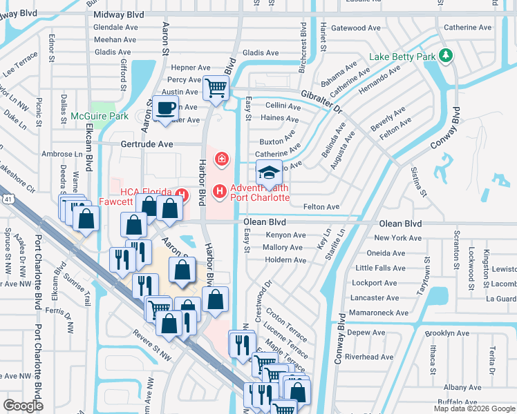map of restaurants, bars, coffee shops, grocery stores, and more near 21442 Olean Boulevard in Port Charlotte