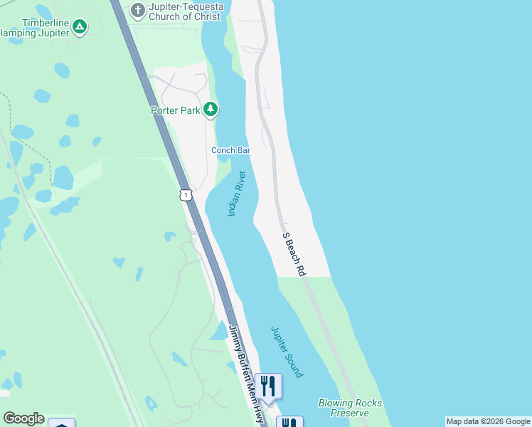 map of restaurants, bars, coffee shops, grocery stores, and more near 506 South Beach Road in Hobe Sound
