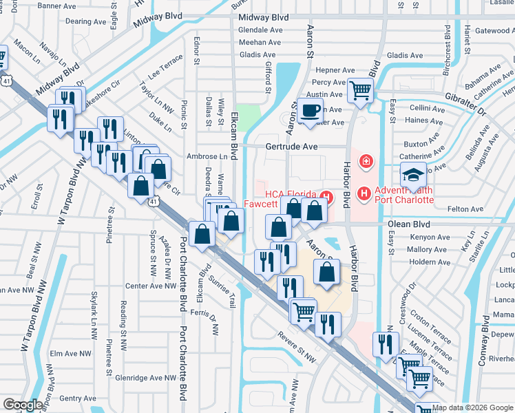 map of restaurants, bars, coffee shops, grocery stores, and more near 2487 Caring Way in Port Charlotte