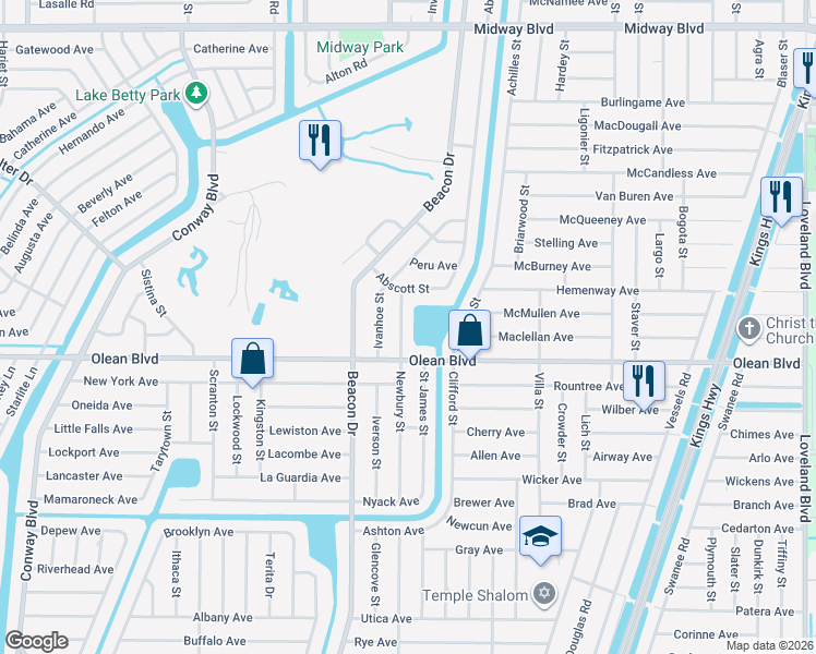 map of restaurants, bars, coffee shops, grocery stores, and more near 2473 Newbury Street in Port Charlotte