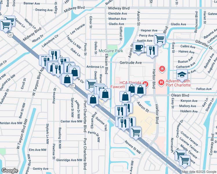 map of restaurants, bars, coffee shops, grocery stores, and more near 2497 Elkcam Boulevard in Port Charlotte