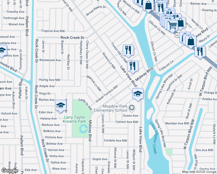 map of restaurants, bars, coffee shops, grocery stores, and more near 955 Sidney Terrace Northwest in Port Charlotte
