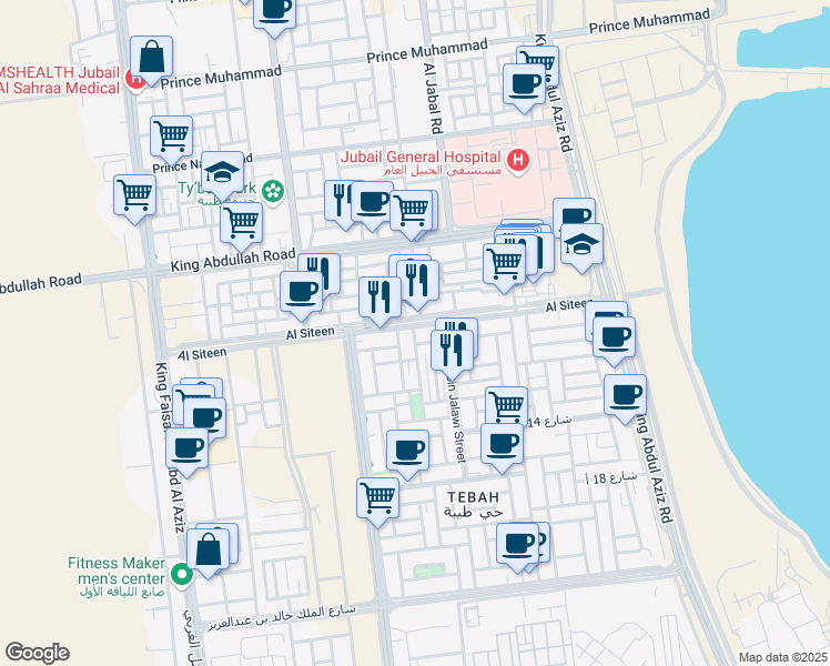 map of restaurants, bars, coffee shops, grocery stores, and more near 2459 Al Siteen in Al Jubayl