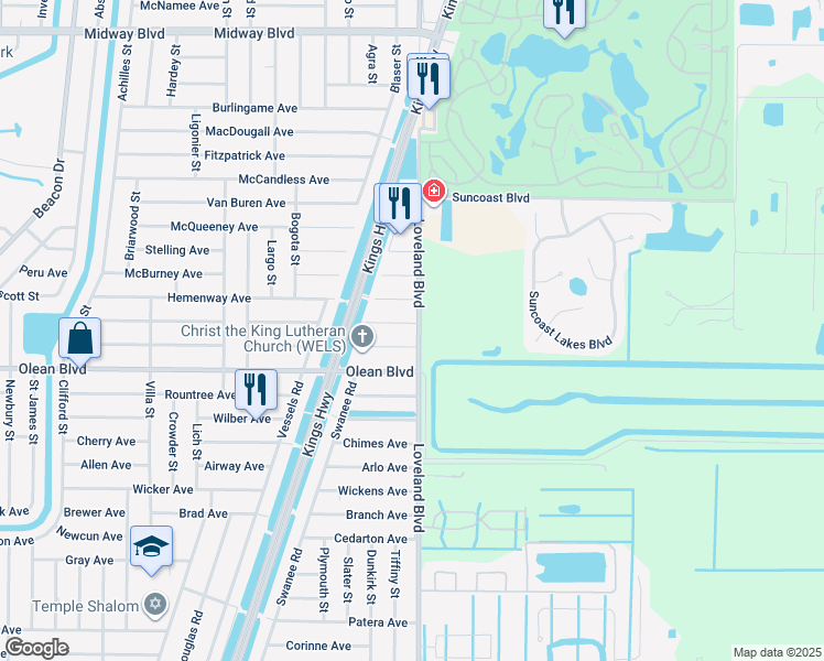map of restaurants, bars, coffee shops, grocery stores, and more near 23522 Moses Court in Port Charlotte