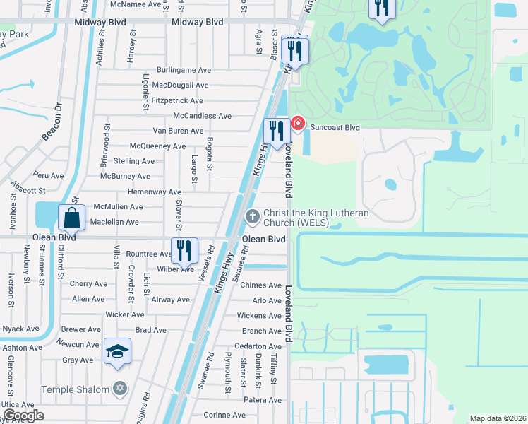 map of restaurants, bars, coffee shops, grocery stores, and more near 23490 Moses Court in Port Charlotte