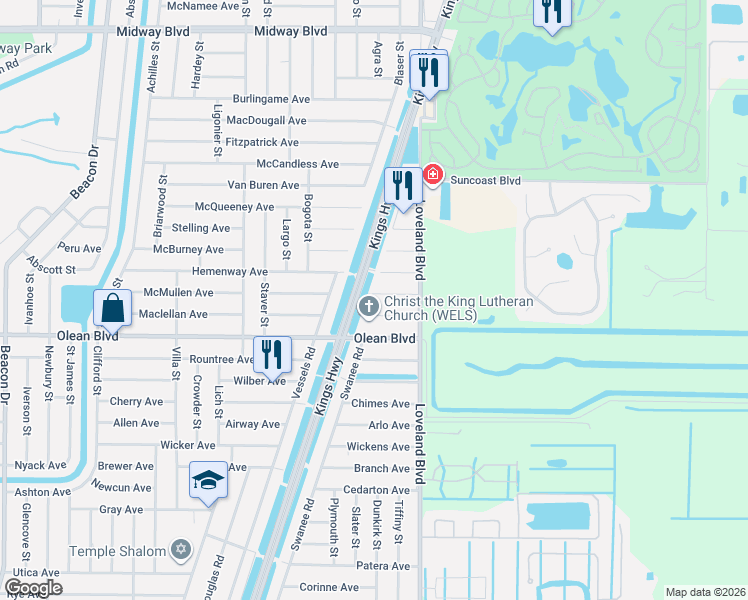 map of restaurants, bars, coffee shops, grocery stores, and more near 23490 Moses Court in Port Charlotte