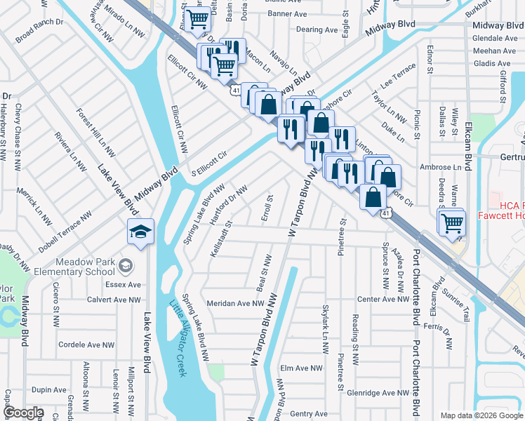 map of restaurants, bars, coffee shops, grocery stores, and more near 651 Erroll Street in Port Charlotte