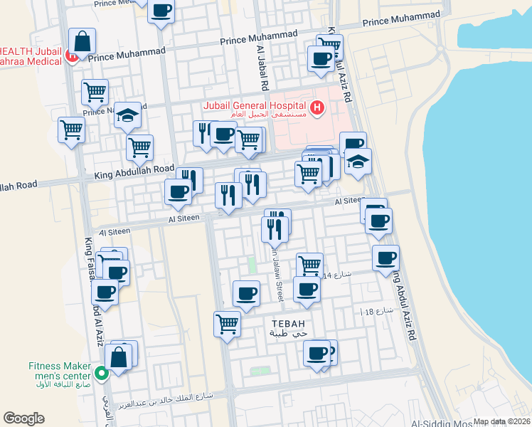 map of restaurants, bars, coffee shops, grocery stores, and more near 2554 Al Siteen in Al Jubayl