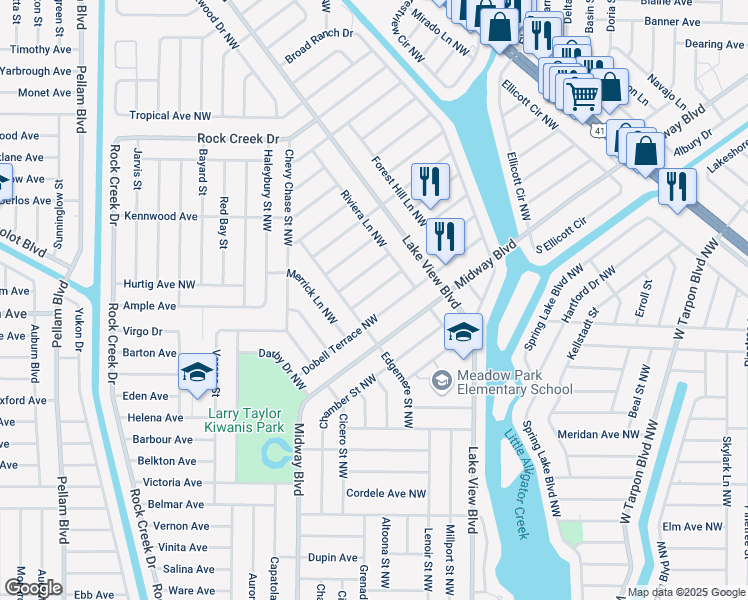 map of restaurants, bars, coffee shops, grocery stores, and more near 955 Sidney Terrace Northwest in Port Charlotte