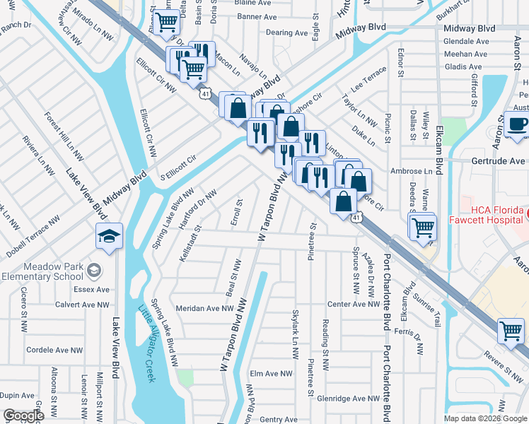 map of restaurants, bars, coffee shops, grocery stores, and more near 646 West Tarpon Boulevard Northwest in Port Charlotte