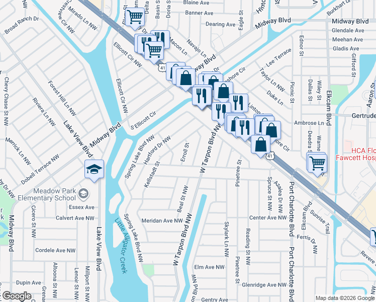 map of restaurants, bars, coffee shops, grocery stores, and more near 651 Erroll Street in Port Charlotte