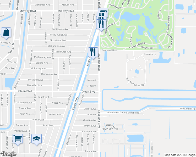 map of restaurants, bars, coffee shops, grocery stores, and more near 23522 Moses Court in Port Charlotte
