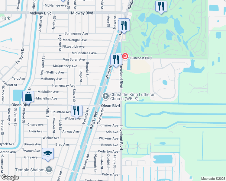 map of restaurants, bars, coffee shops, grocery stores, and more near 23490 Moses Court in Port Charlotte