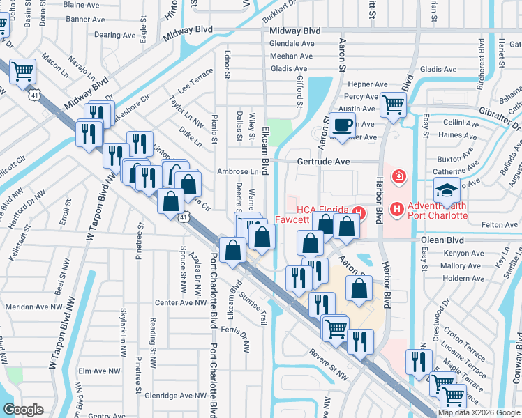 map of restaurants, bars, coffee shops, grocery stores, and more near 2497 Elkcam Boulevard in Port Charlotte