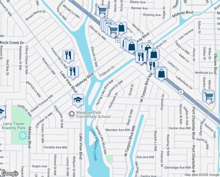 map of restaurants, bars, coffee shops, grocery stores, and more near 654 Hartford Drive Northwest in Port Charlotte