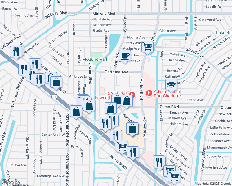 map of restaurants, bars, coffee shops, grocery stores, and more near 2305 Aaron Street in Port Charlotte