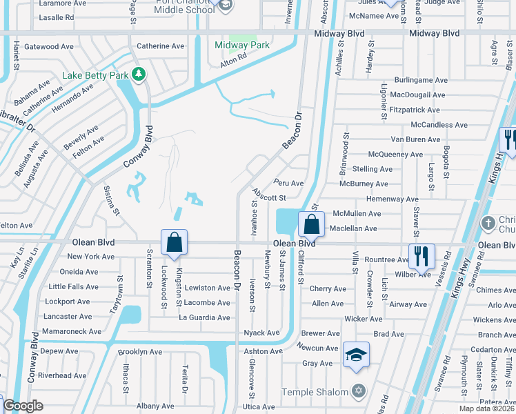 map of restaurants, bars, coffee shops, grocery stores, and more near 2473 Newbury Street in Port Charlotte