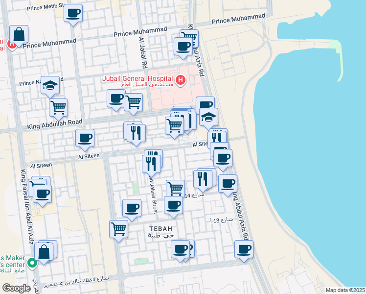 map of restaurants, bars, coffee shops, grocery stores, and more near 2879 Abu Bakr El Seddik Road in Al Jubayl