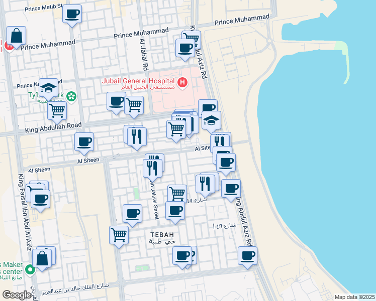 map of restaurants, bars, coffee shops, grocery stores, and more near 2906 Abu Bakr El Seddik Road in Al Jubayl