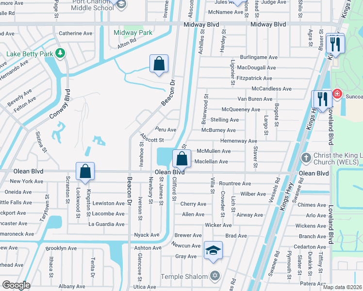 map of restaurants, bars, coffee shops, grocery stores, and more near 2487 Achilles Street in Port Charlotte
