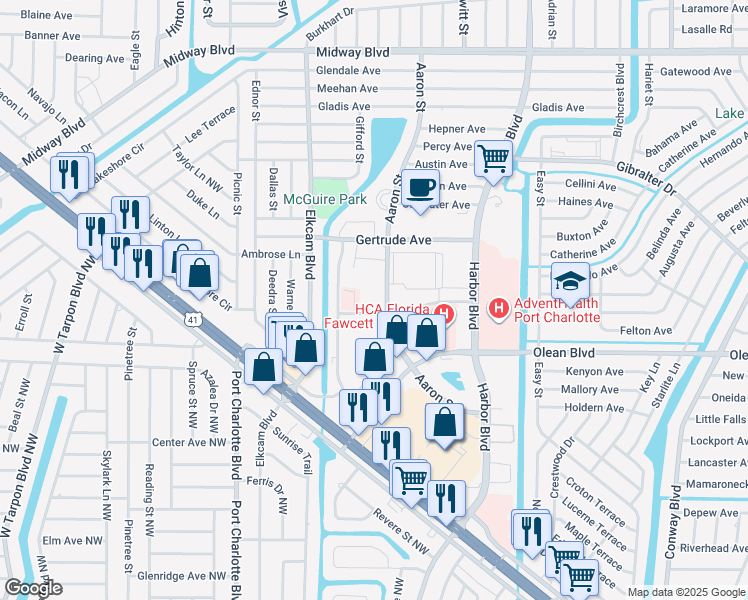 map of restaurants, bars, coffee shops, grocery stores, and more near 2305 Aaron Street in Port Charlotte