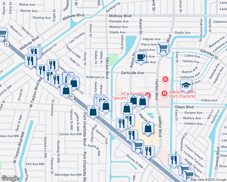 map of restaurants, bars, coffee shops, grocery stores, and more near 2486 Caring Way in Port Charlotte